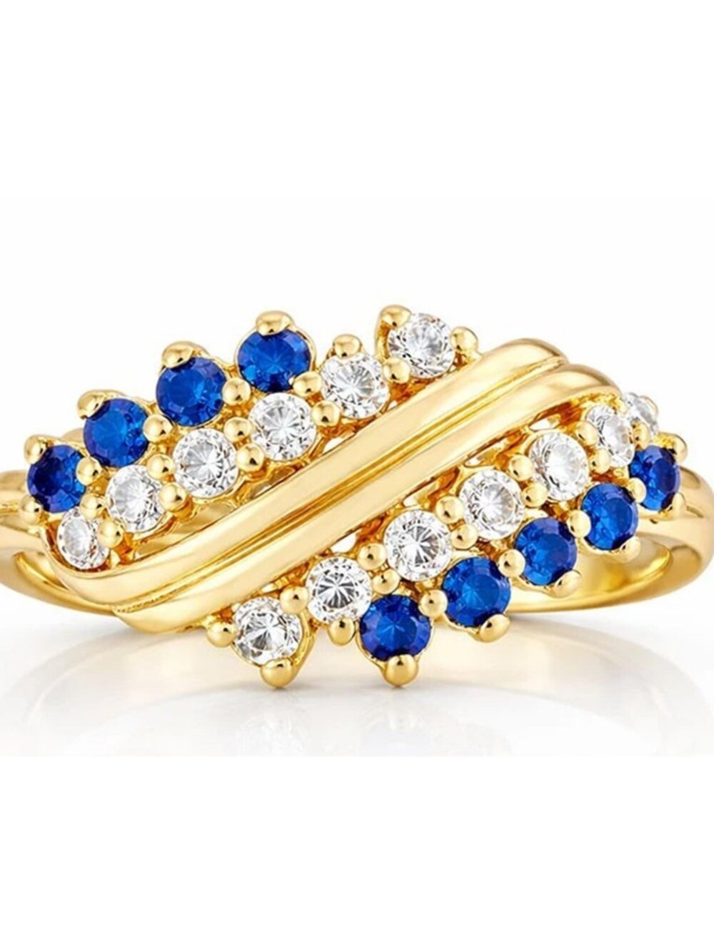 Created Blue & White Sapphire Ring Solid 14k Yellow Gold